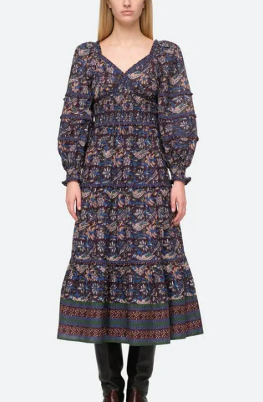 Sea New York 6 Midi Dress Noah Print Bird Smocked Long Sleeve Blue Ruffle NWT Z1